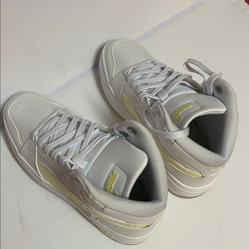 Puma White High-Top Sneakers with Pale Yellow Accents